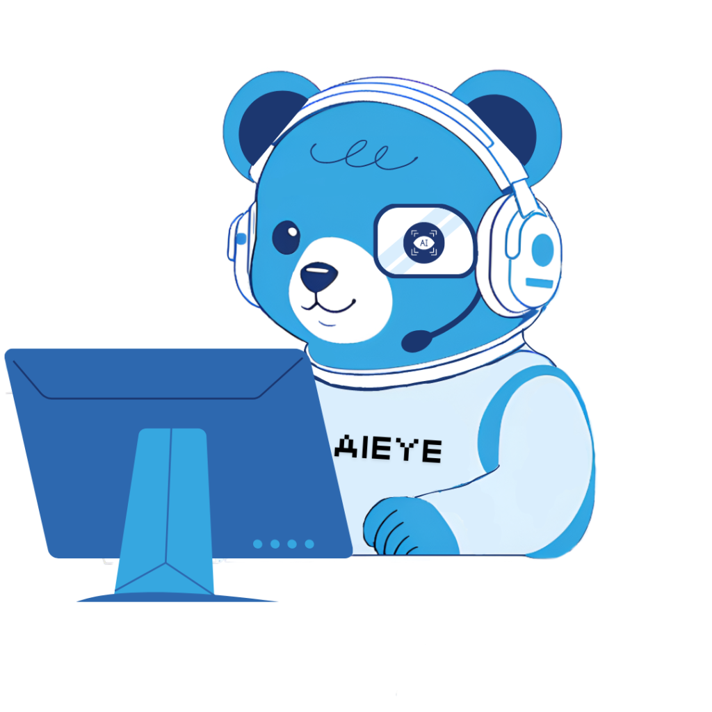 ไออาย (AI-EYE) หมีสีฟ้าในชุดอวกาศมีหัวฟังเหมือนคอลเซ็นเตอร์นั่งหน้าคอมเพื่อตอบคำถาม
